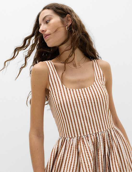 Pure Cotton Striped Midi Waisted Dress