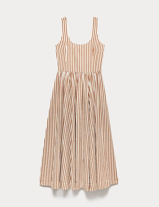 Pure Cotton Striped Midi Waisted Dress