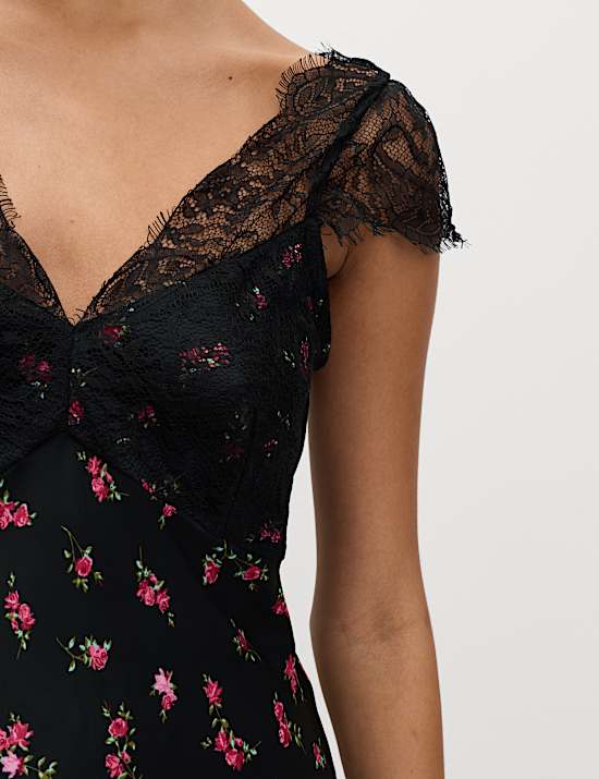 Floral V-Neck Lace Detail Midaxi Slip Dress
