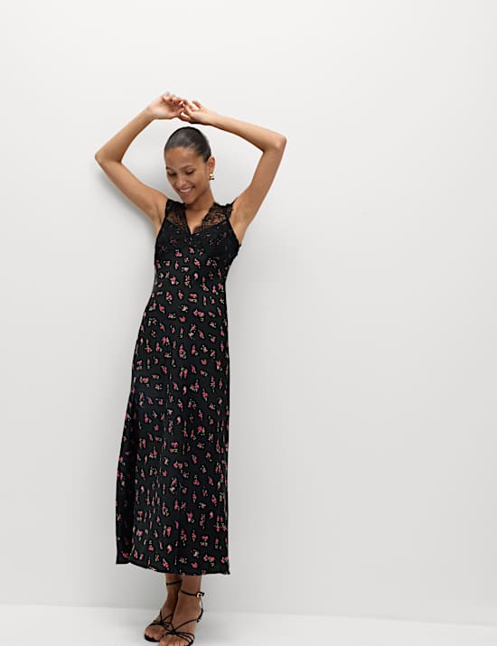 Floral V-Neck Lace Detail Midaxi Slip Dress