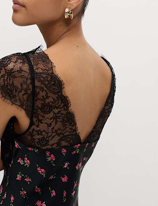 Floral V-Neck Lace Detail Midaxi Slip Dress