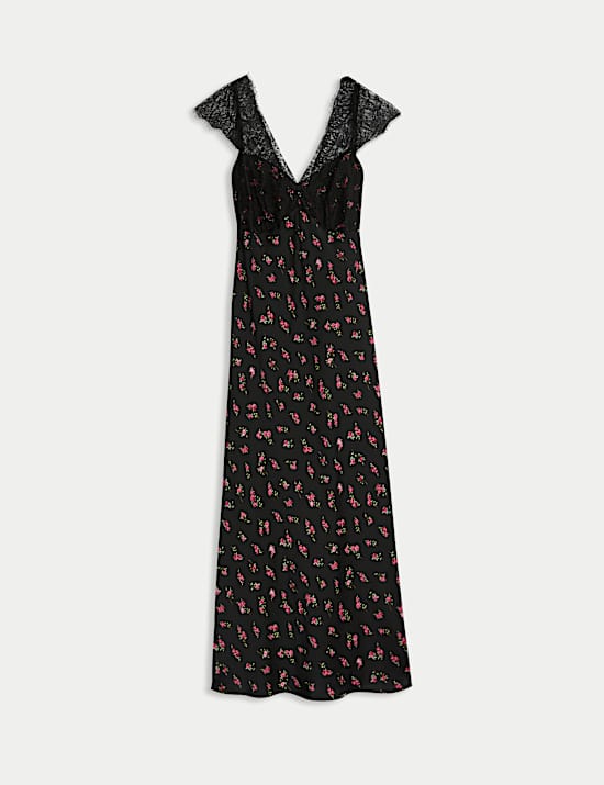 Floral V-Neck Lace Detail Midaxi Slip Dress