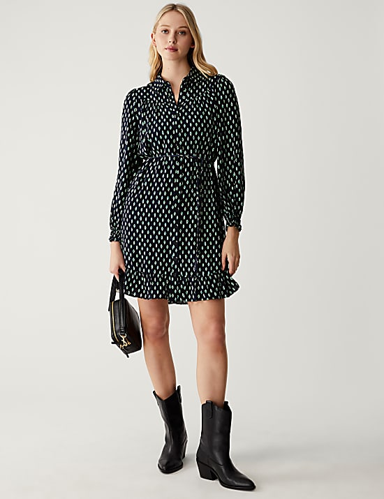 Printed Belted Mini Shirt Dress