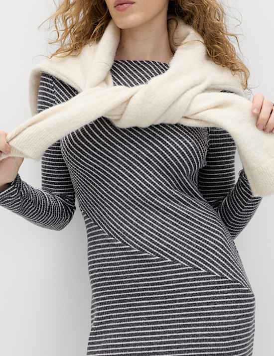 Robe midi coupe droite confortable en jersey &agrave; rayures