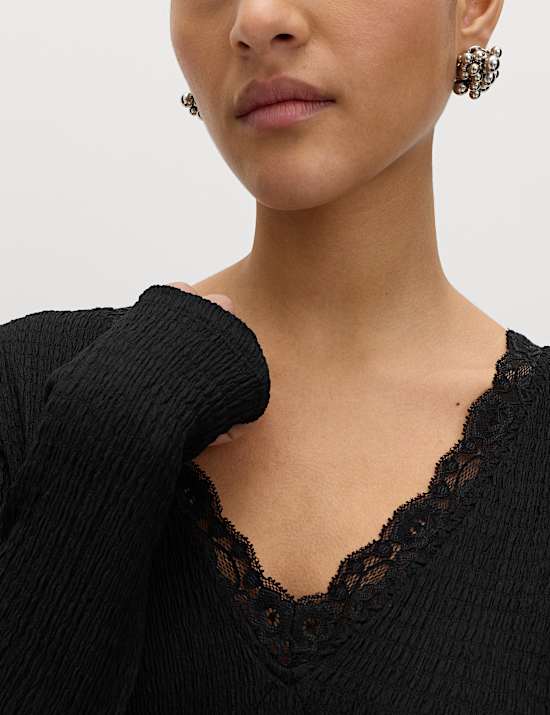 Textured V-Neck Lace Insert Mini Skater Dress