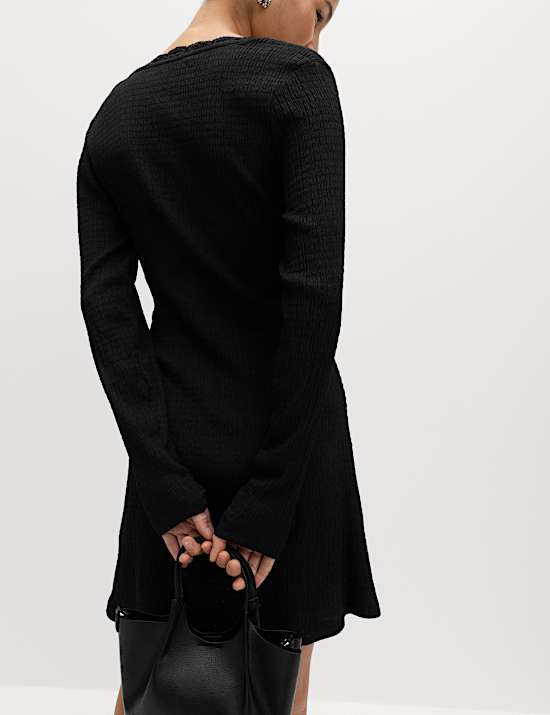 Textured V-Neck Lace Insert Mini Skater Dress