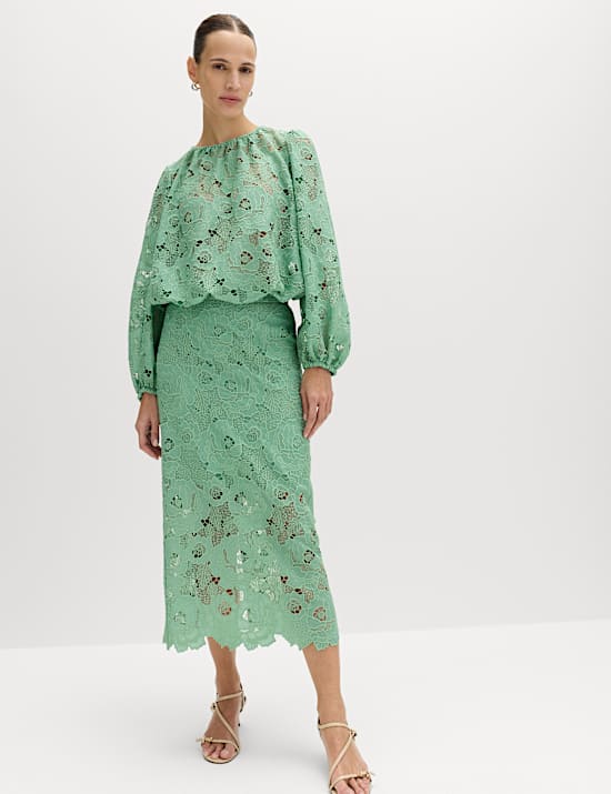 Lace Cutwork Detail Midi Pencil Skirt