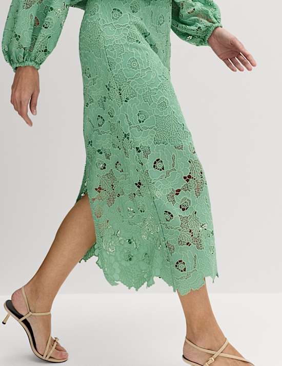 Lace Cutwork Detail Midi Pencil Skirt