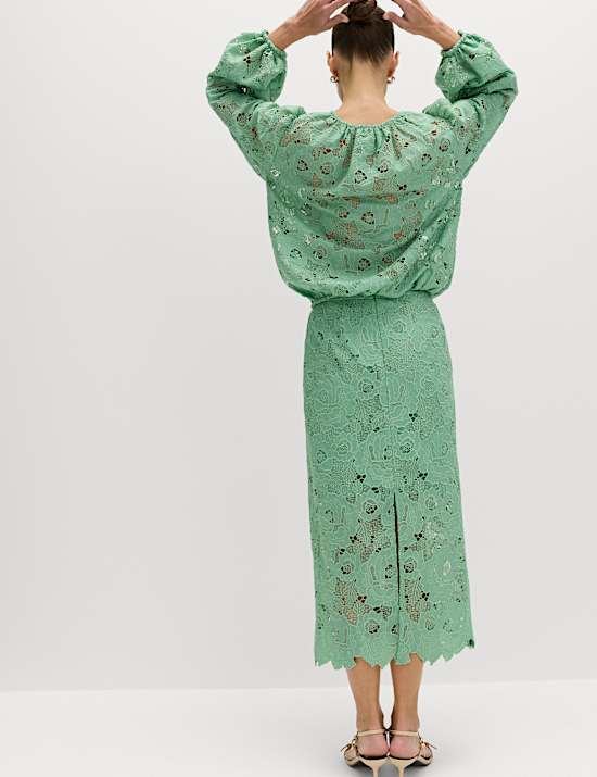 Lace Cutwork Detail Midi Pencil Skirt