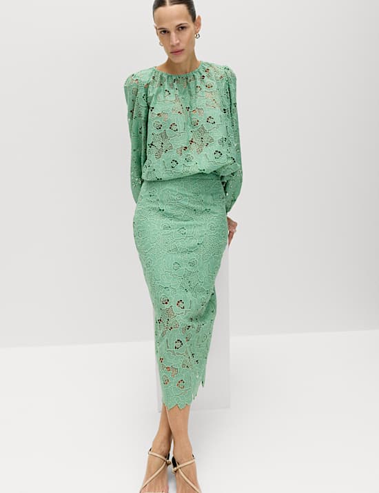 Lace Cutwork Detail Midi Pencil Skirt