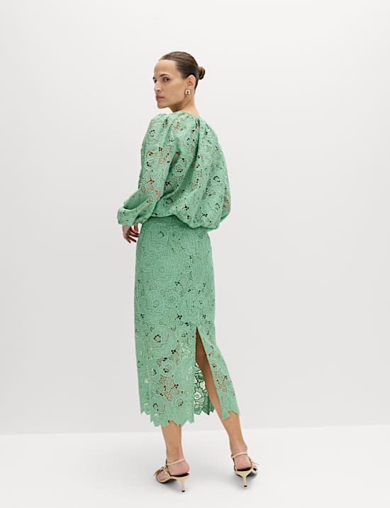 Lace Cutwork Detail Midi Pencil Skirt