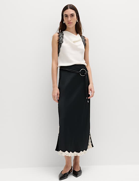 Satin Lace Trim Midi Slip Skirt