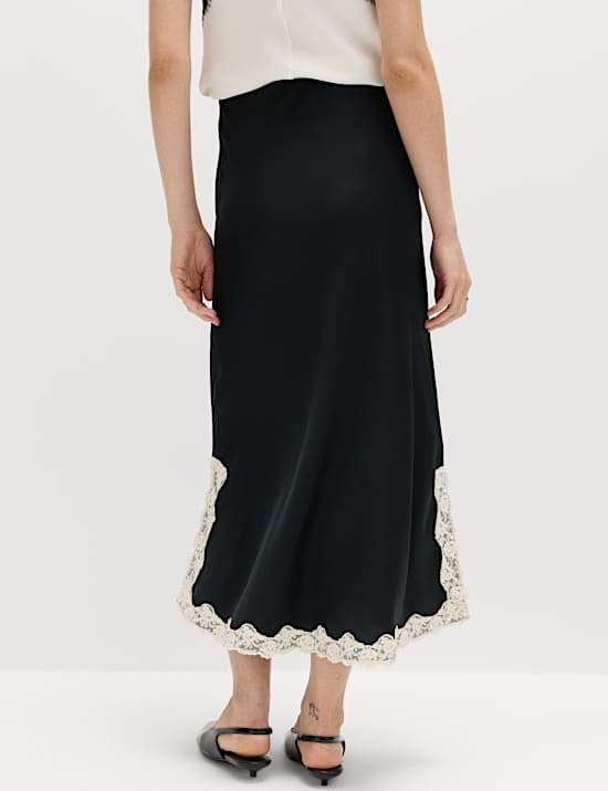 Satin Lace Trim Midi Slip Skirt