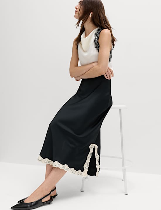 Satin Lace Trim Midi Slip Skirt
