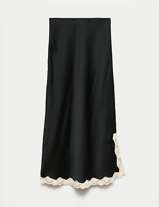 Satin Lace Trim Midi Slip Skirt