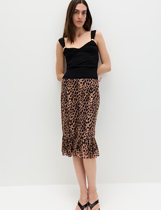 Animal Print Ruffle Hem Midi Tiered Skirt