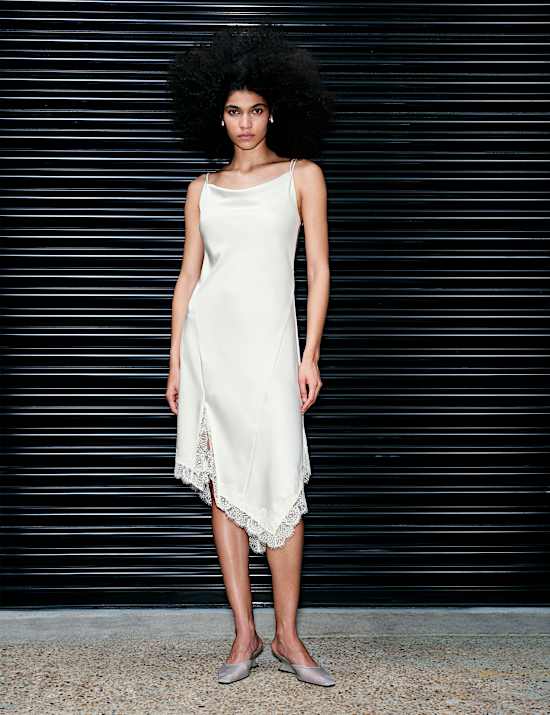 Satin Cowl Neck Lace Insert Midi Slip Dress