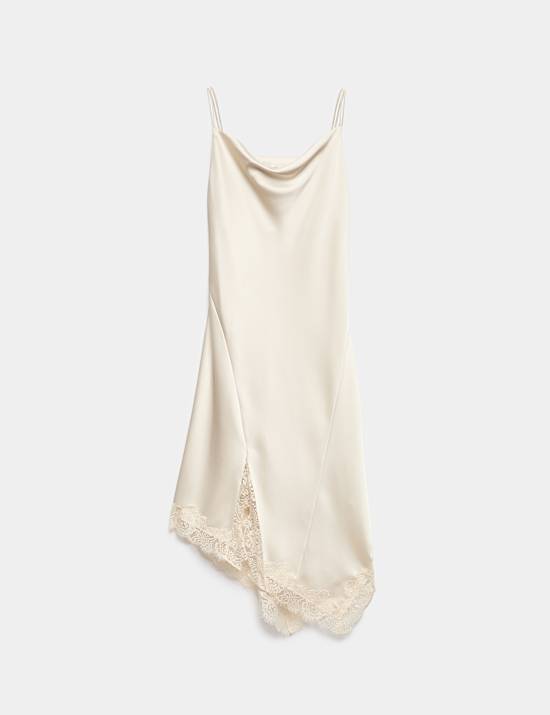 Satin Cowl Neck Lace Insert Midi Slip Dress