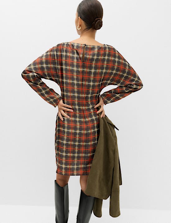 Checked Ruched Long Sleeve Mini Waisted Dress