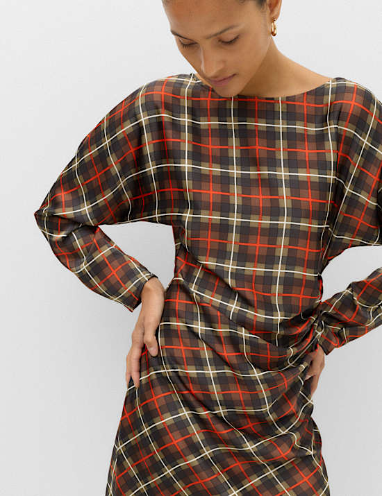 Checked Ruched Long Sleeve Mini Waisted Dress