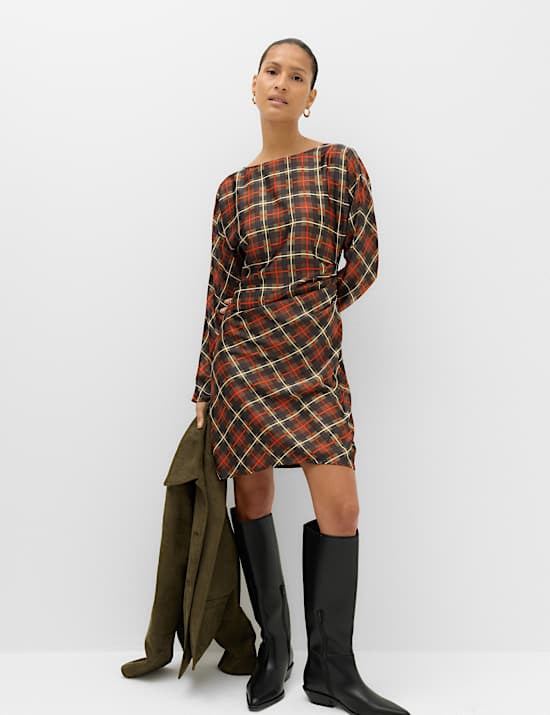 Checked Ruched Long Sleeve Mini Waisted Dress