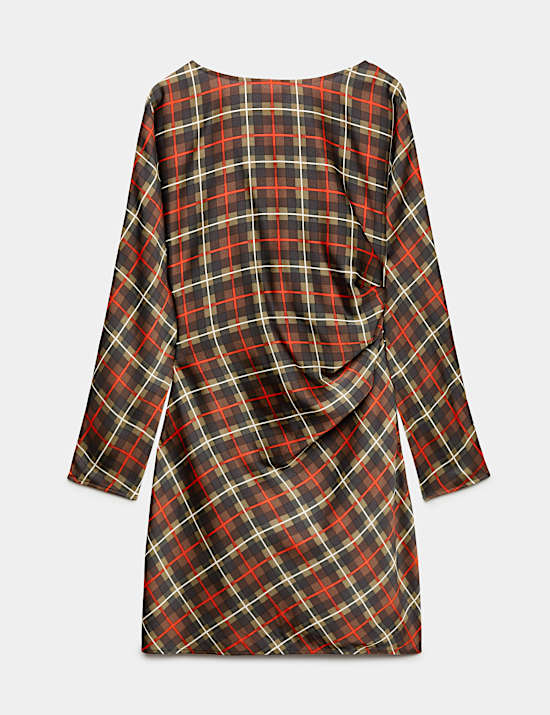 Checked Ruched Long Sleeve Mini Waisted Dress