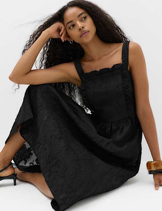Jacquard Ruffle Square Neck Midi Waisted Dress
