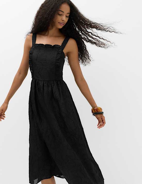 Jacquard Ruffle Square Neck Midi Waisted Dress