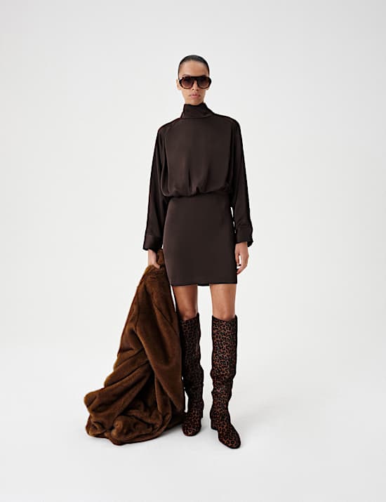 Funnel Neck Blouson Mini Waisted Dress