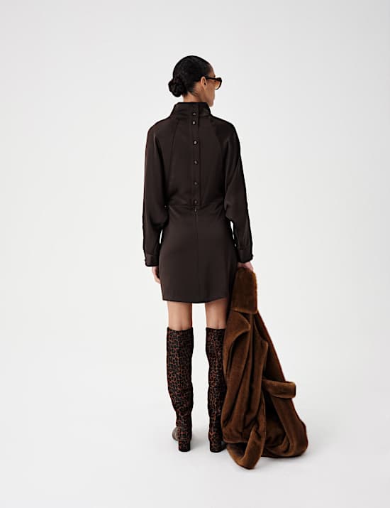 Funnel Neck Blouson Mini Waisted Dress