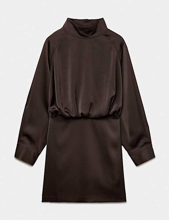 Funnel Neck Blouson Mini Waisted Dress