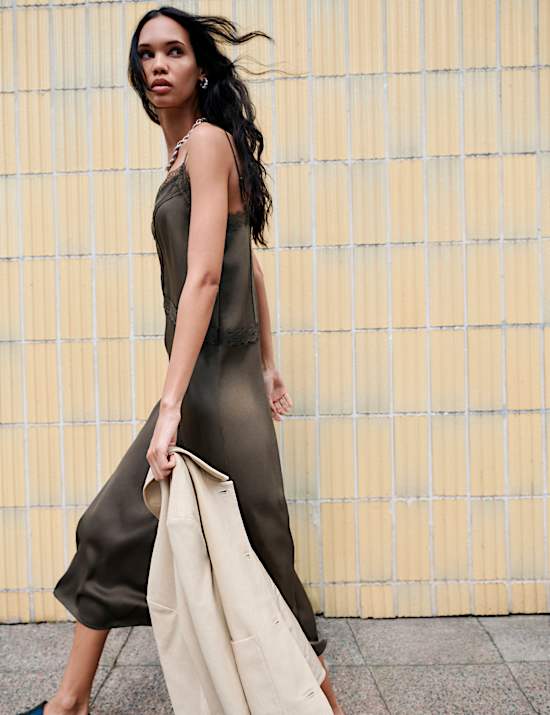 Satin Lace Insert V-Neck Midaxi Slip Dress