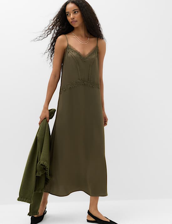 Satin Lace Insert V-Neck Midaxi Slip Dress