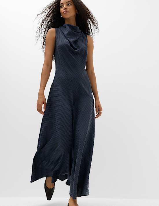 Lyocell Rich Checked Cowl Neck Midi Skater Dress