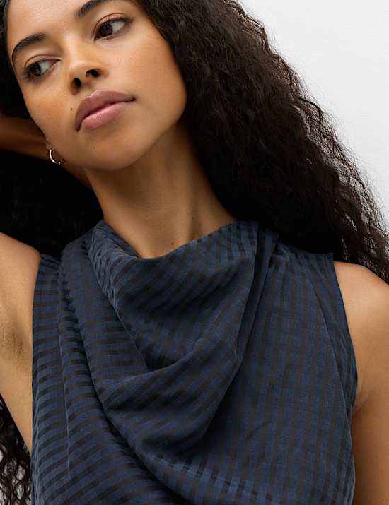 Lyocell Rich Checked Cowl Neck Midi Skater Dress