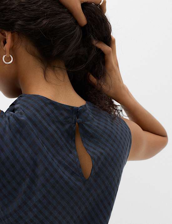 Lyocell Rich Checked Cowl Neck Midi Skater Dress
