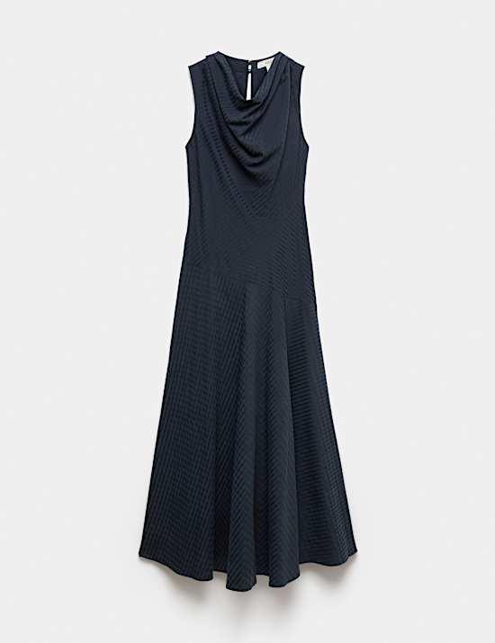 Lyocell Rich Checked Cowl Neck Midi Skater Dress
