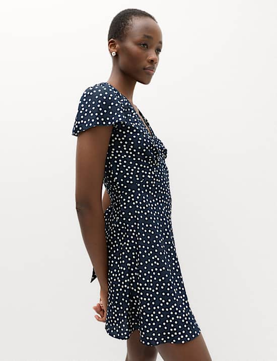 Polka Dot V-Neck Tie Waist Mini Tea Dress