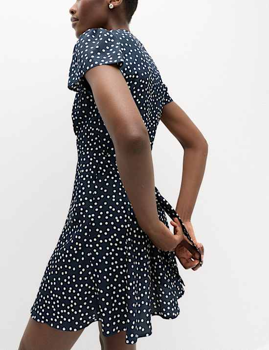 Polka Dot V-Neck Tie Waist Mini Tea Dress