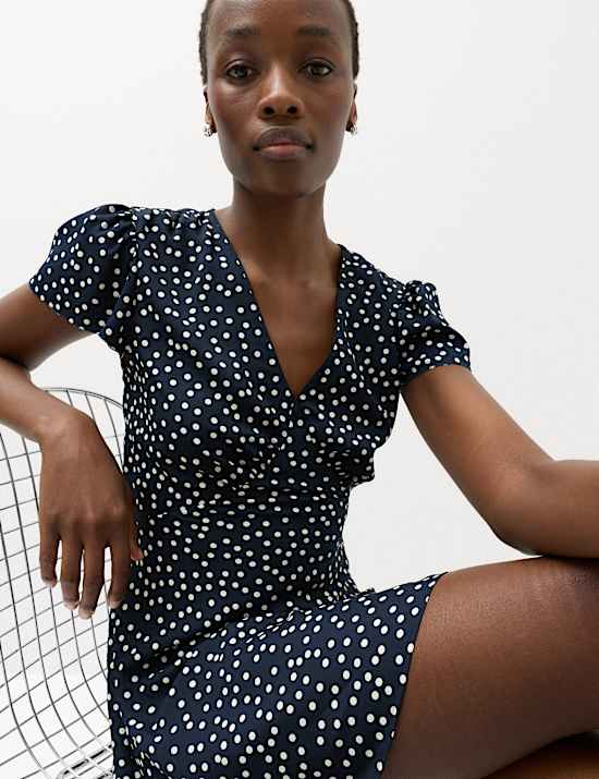 Polka Dot V-Neck Tie Waist Mini Tea Dress
