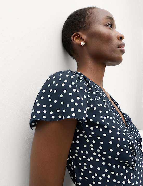 Polka Dot V-Neck Tie Waist Mini Tea Dress