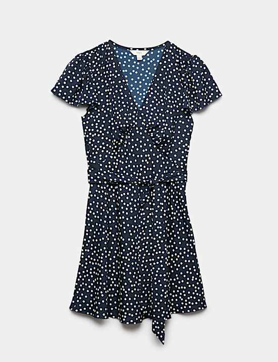 Polka Dot V-Neck Tie Waist Mini Tea Dress