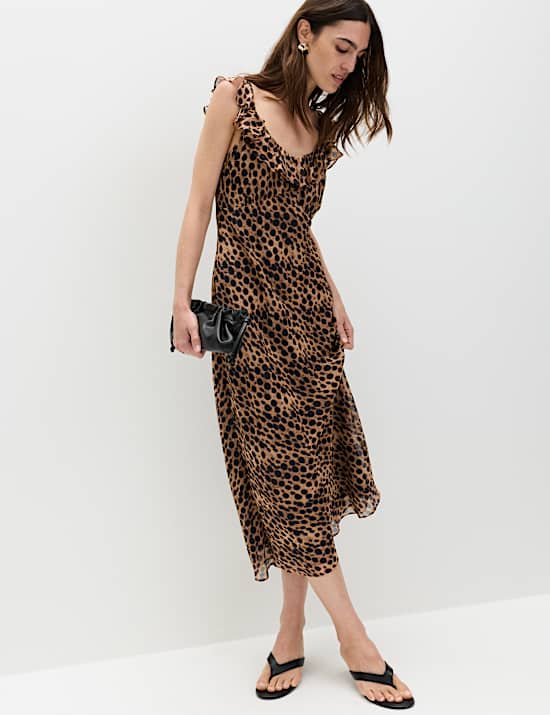 Animal Print Ruffle Detail Midaxi Column Dress