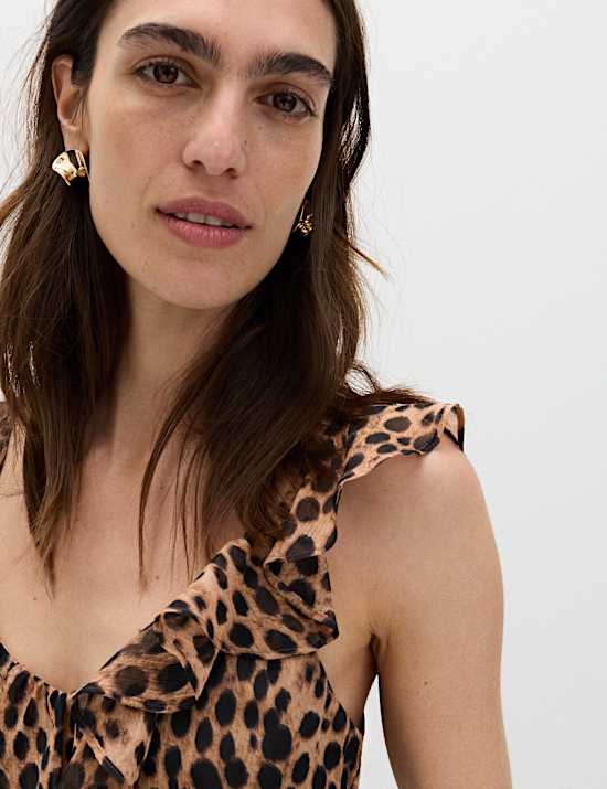 Animal Print Ruffle Detail Midaxi Column Dress