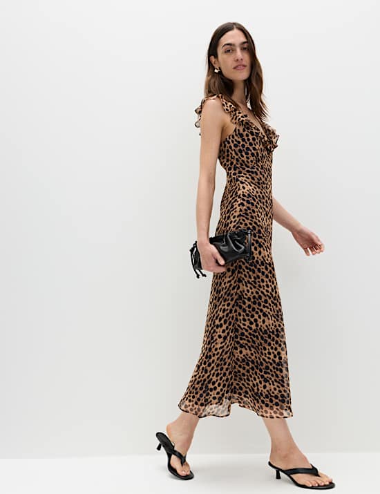 Animal Print Ruffle Detail Midaxi Column Dress