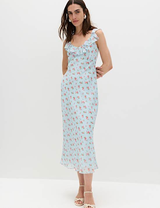 Floral Ruffle Detail Midi Column Dress