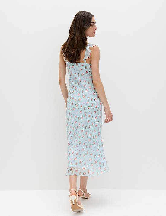 Floral Ruffle Detail Midi Column Dress