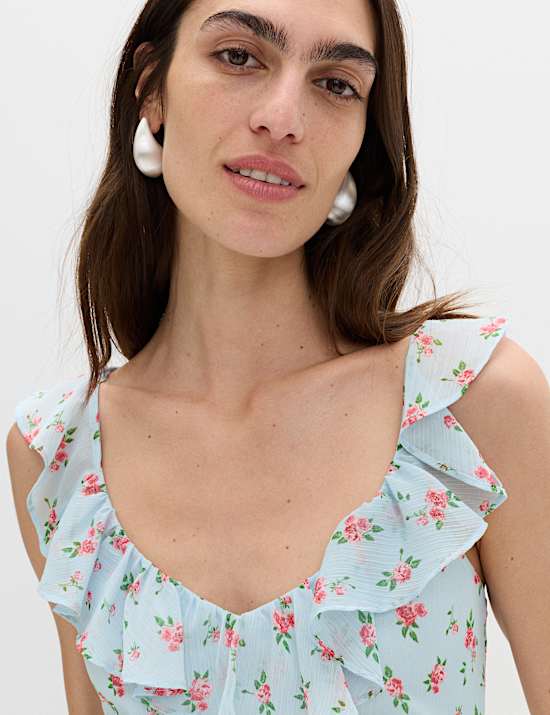 Floral Ruffle Detail Midi Column Dress