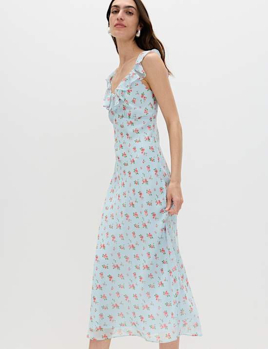 Floral Ruffle Detail Midi Column Dress