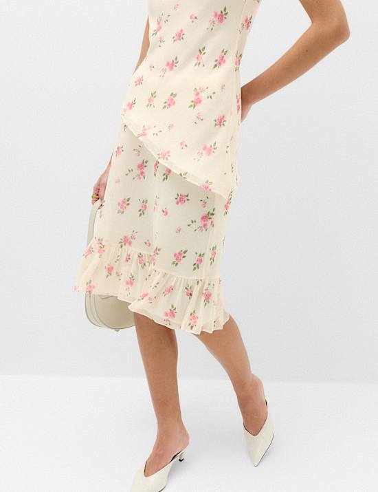 Floral Ruffle Hem Midi Tiered Skirt